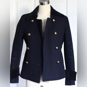 Coach Navy Blue Wool and Velvet Trimmed Peacoat Gold Buttons